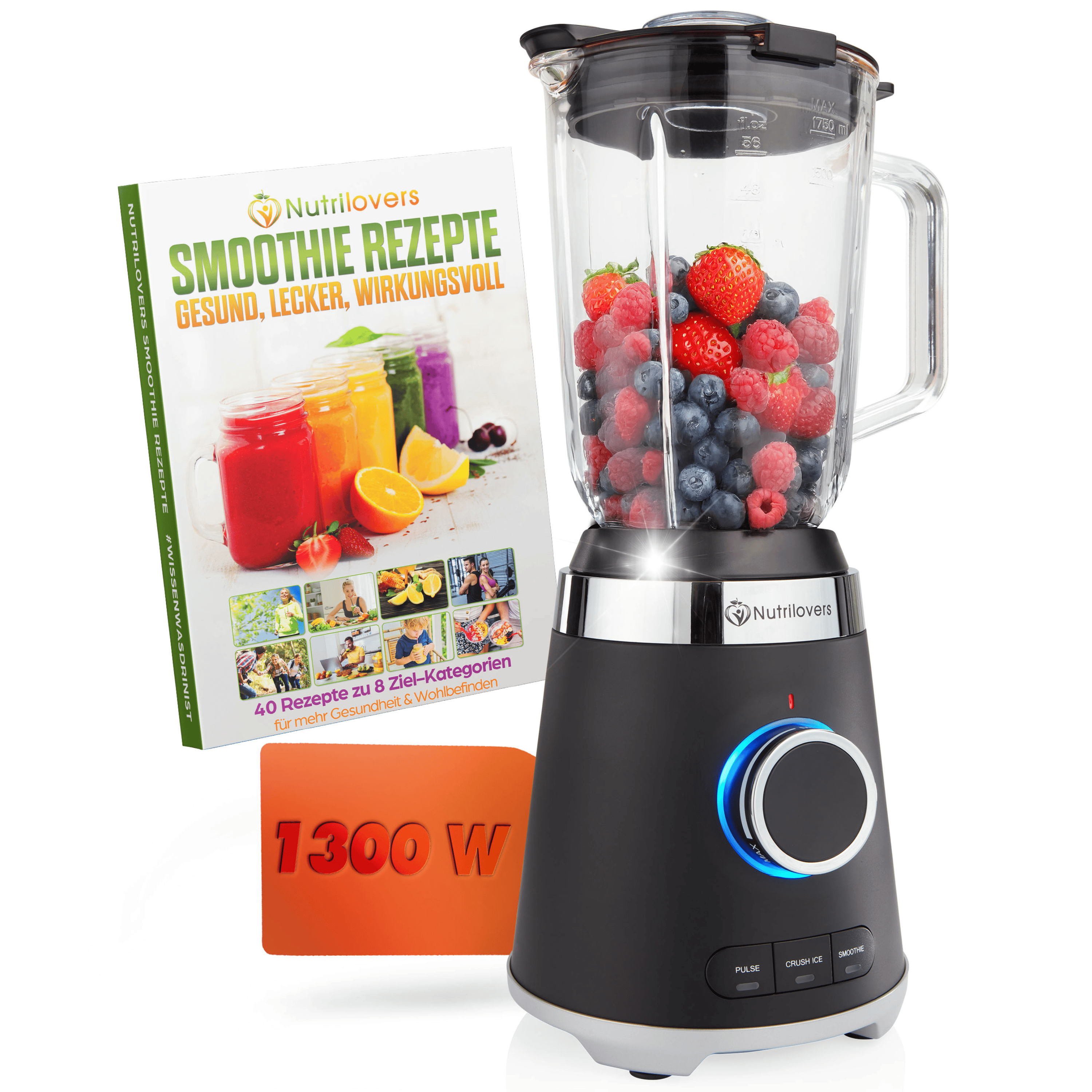Nutrimaker Standmixer in Schwarz mit 1300 W, ideal für Smoothies, inklusive Rezeptbuch für gesunde Getränke.