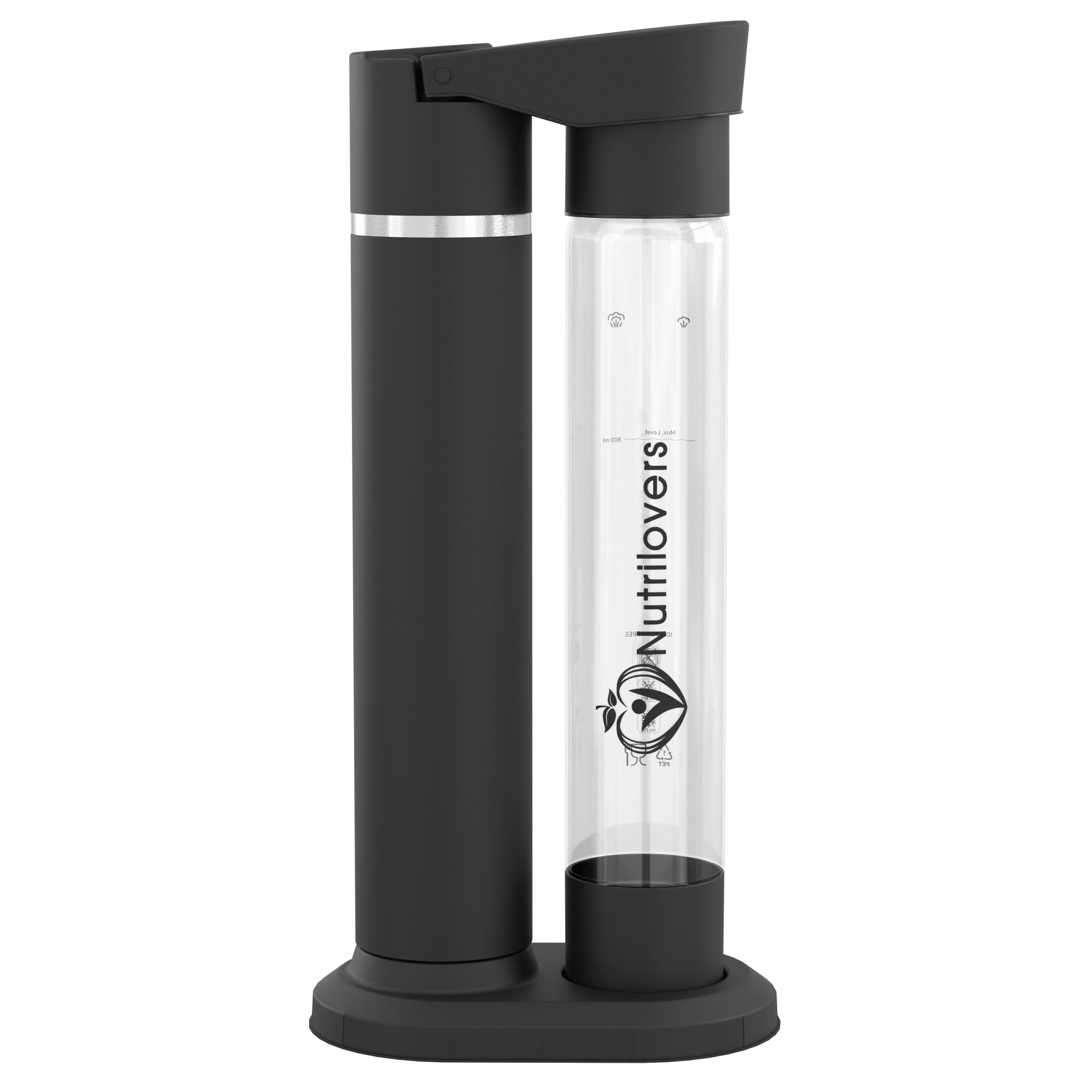 Wassersprudler Schwarze Wasserflasche mit transparentem Zylinder und Nutrilovers-Logo, aus hochwertigem Material.
