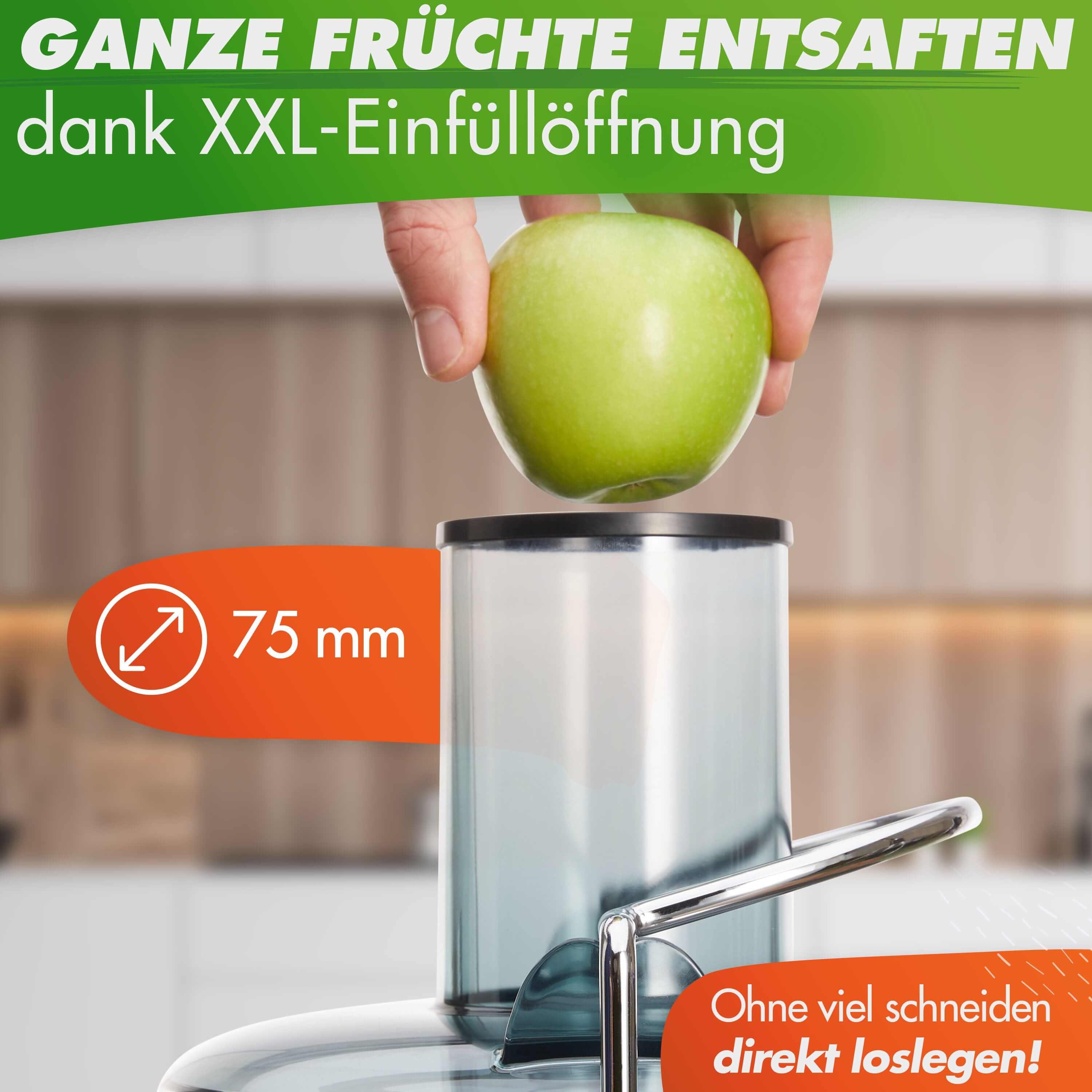 Entsafter mit 75 mm XXL-Einfüllöffnung, ideal für ganze Früchte wie Äpfel, aus hochwertigem Material.