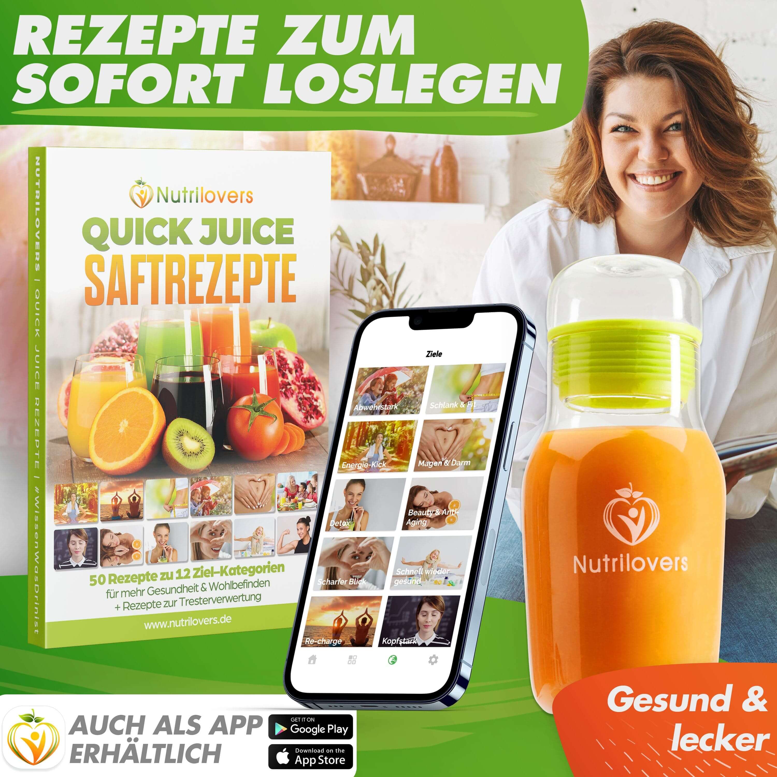 Nutrilovers Quick Juice Rezeptsammlung, inklusive 50 gesunde Saftrezepte, App verfügbar, farbenfrohes Design.