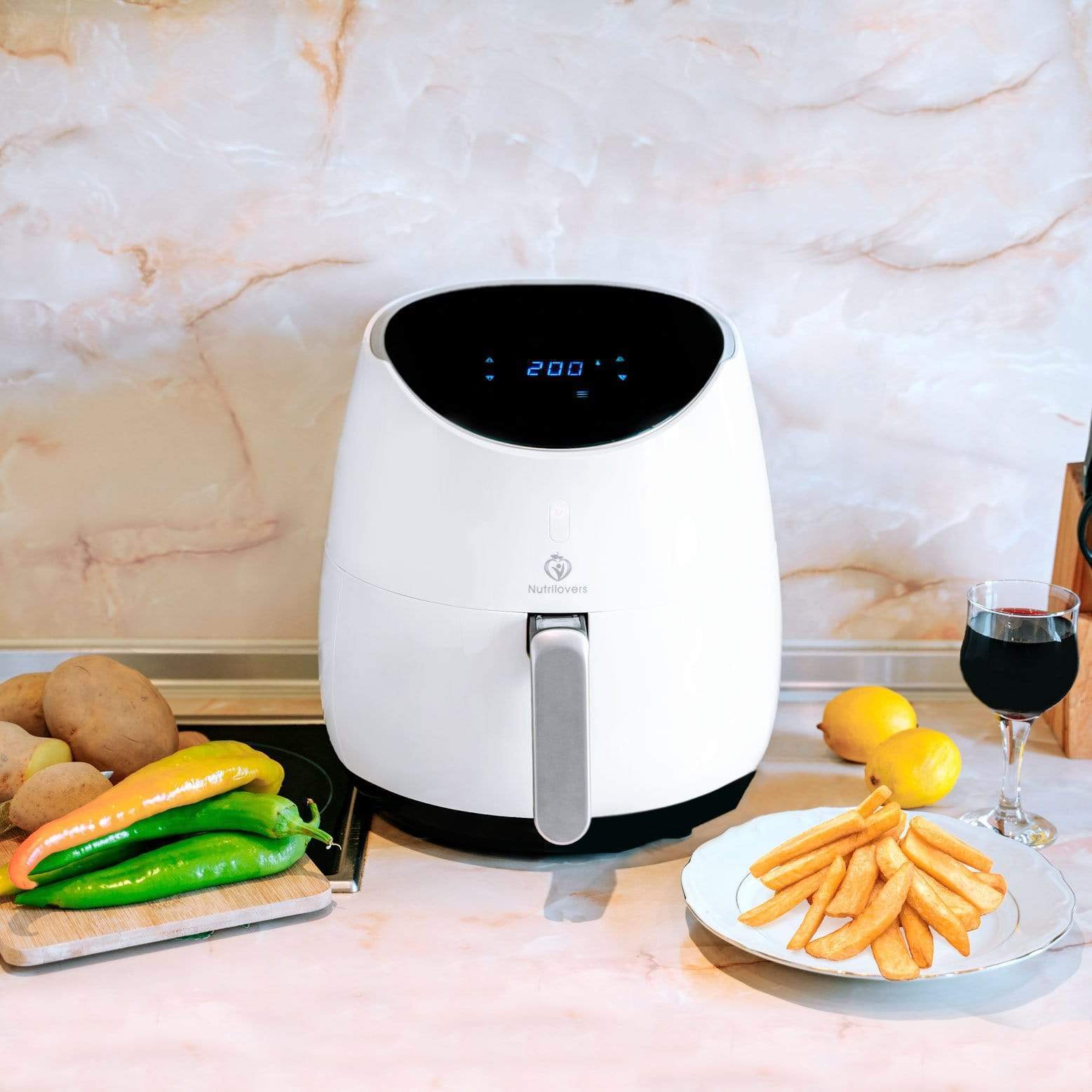 Nutrilovers Heissluftfritteuse NUTRI-FRYER - WHITE - Heißluftfritteuse XXL 2000W 5.0 L mit Filter (B) WissenWasDrinIst