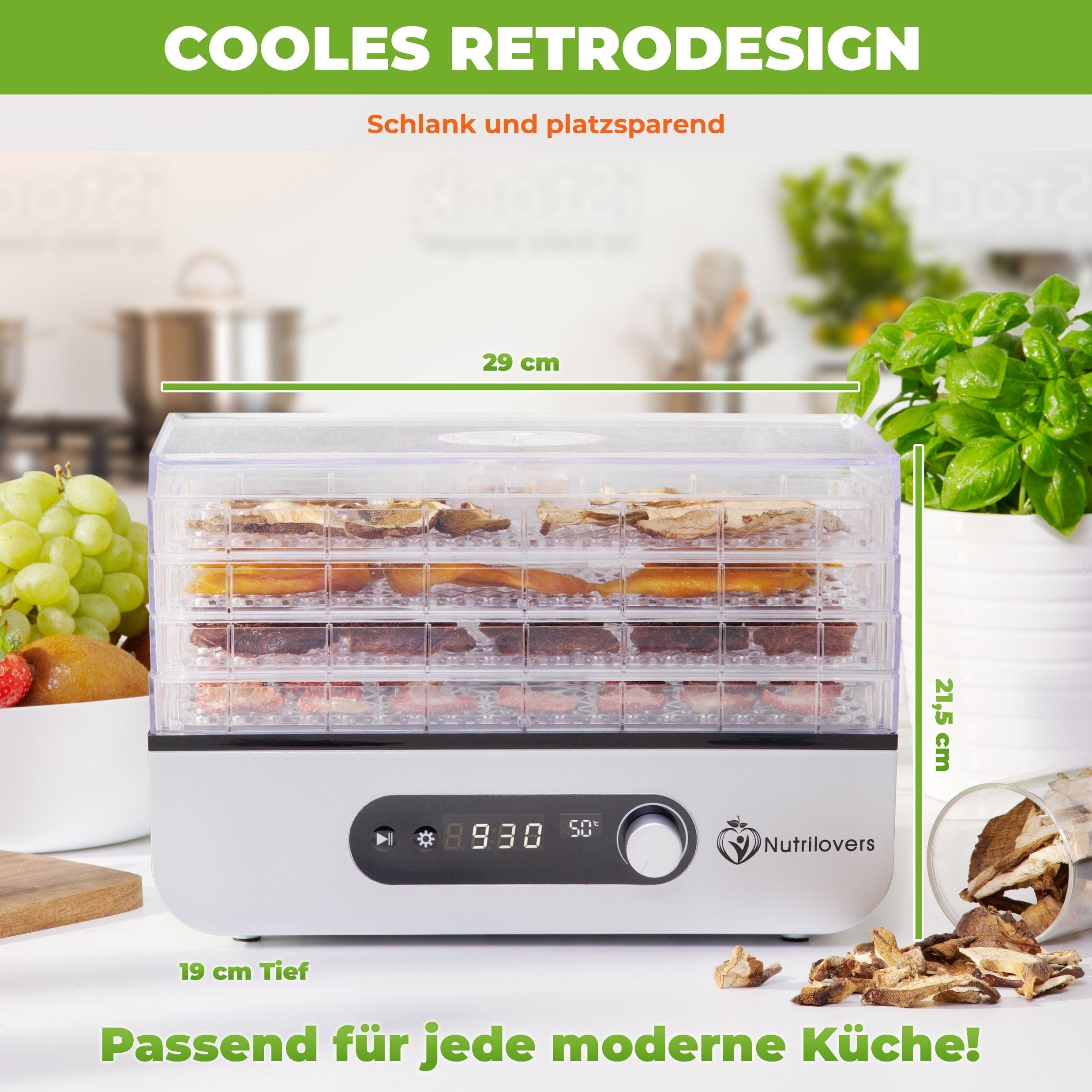 Nutrilovers NUTRI-DRY (B) Dörrautomat mit Timer, inkl. Zubehör und Rezeptbuch | BPA-frei kuechengeraete haushaltsgeraete WissenWasDrinIst