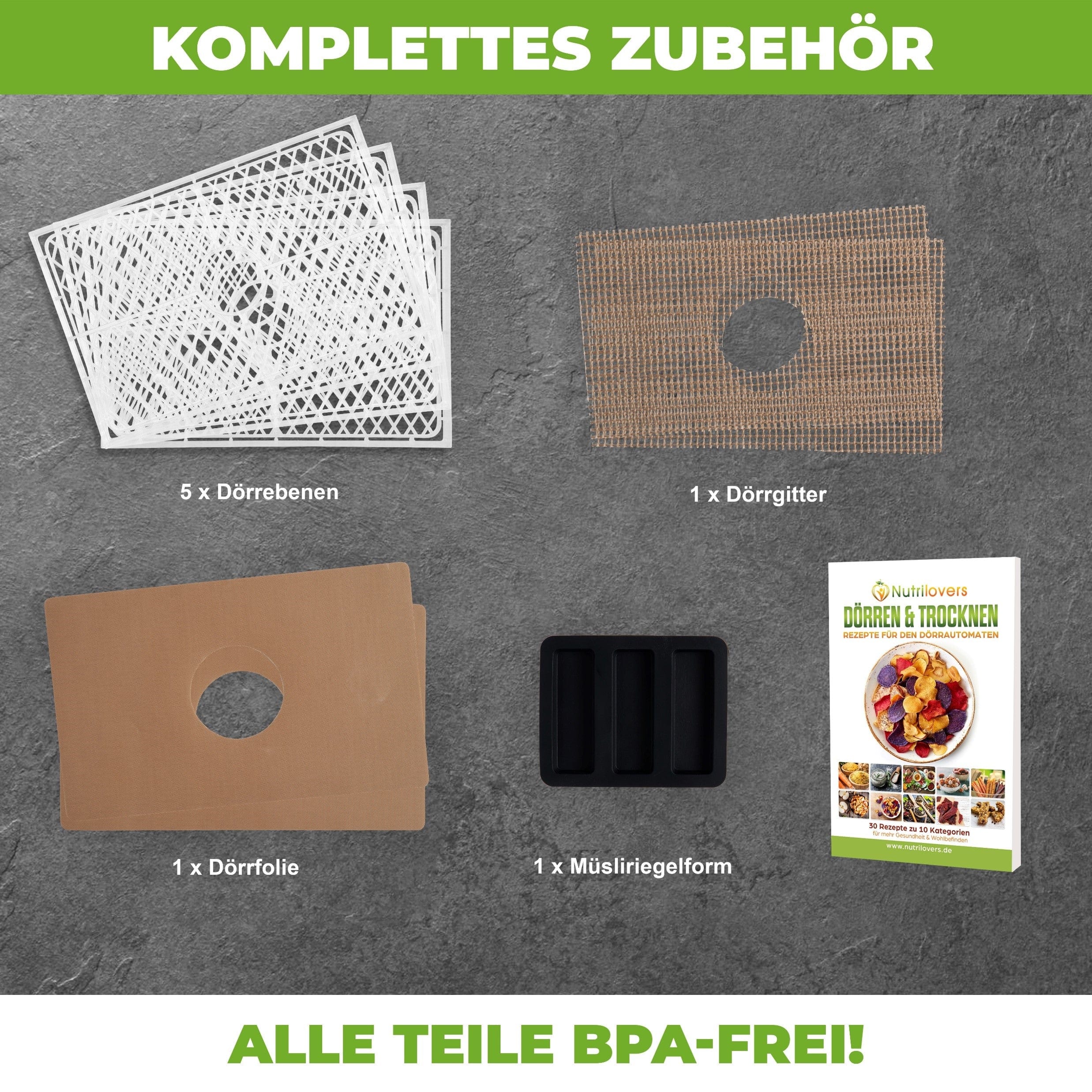 Nutrilovers Dörrautomat NUTRI-DRY (B) Dörrautomat mit Timer, inkl. Zubehör und Rezeptbuch | BPA-frei WissenWasDrinIst