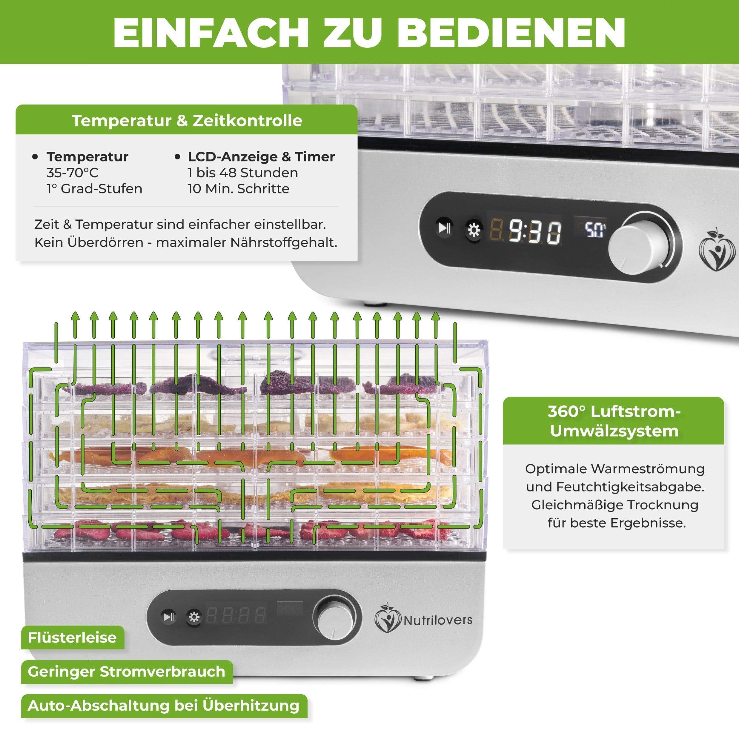 NUTRILOVERS | #WissenWasDrinIst Dörrautomaten NUTRI-DRY Dörrautomat - Dörrgerät mit Timer, inkl. Zubehör und Rezeptbuch | BPA-frei kuechengeraete haushaltsgeraete WissenWasDrinIst