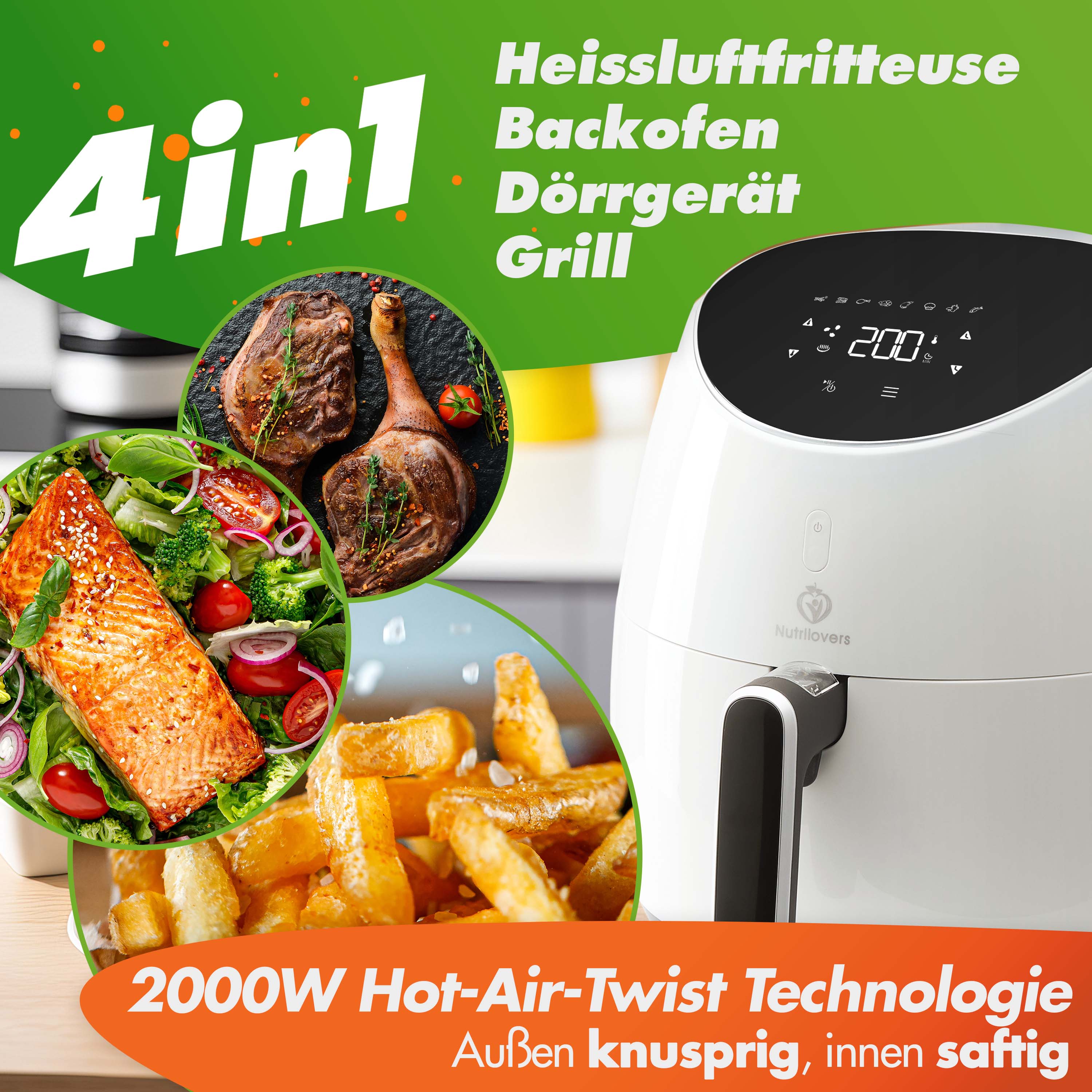 Nutrilovers Heißluftfritteuse NUTRI-FRYER Heißluftfritteuse XXL 2000W 5.0 L  | Cool Touch | Digital Touchscreen mit Timer inkl. Zubehör WissenWasDrinIst