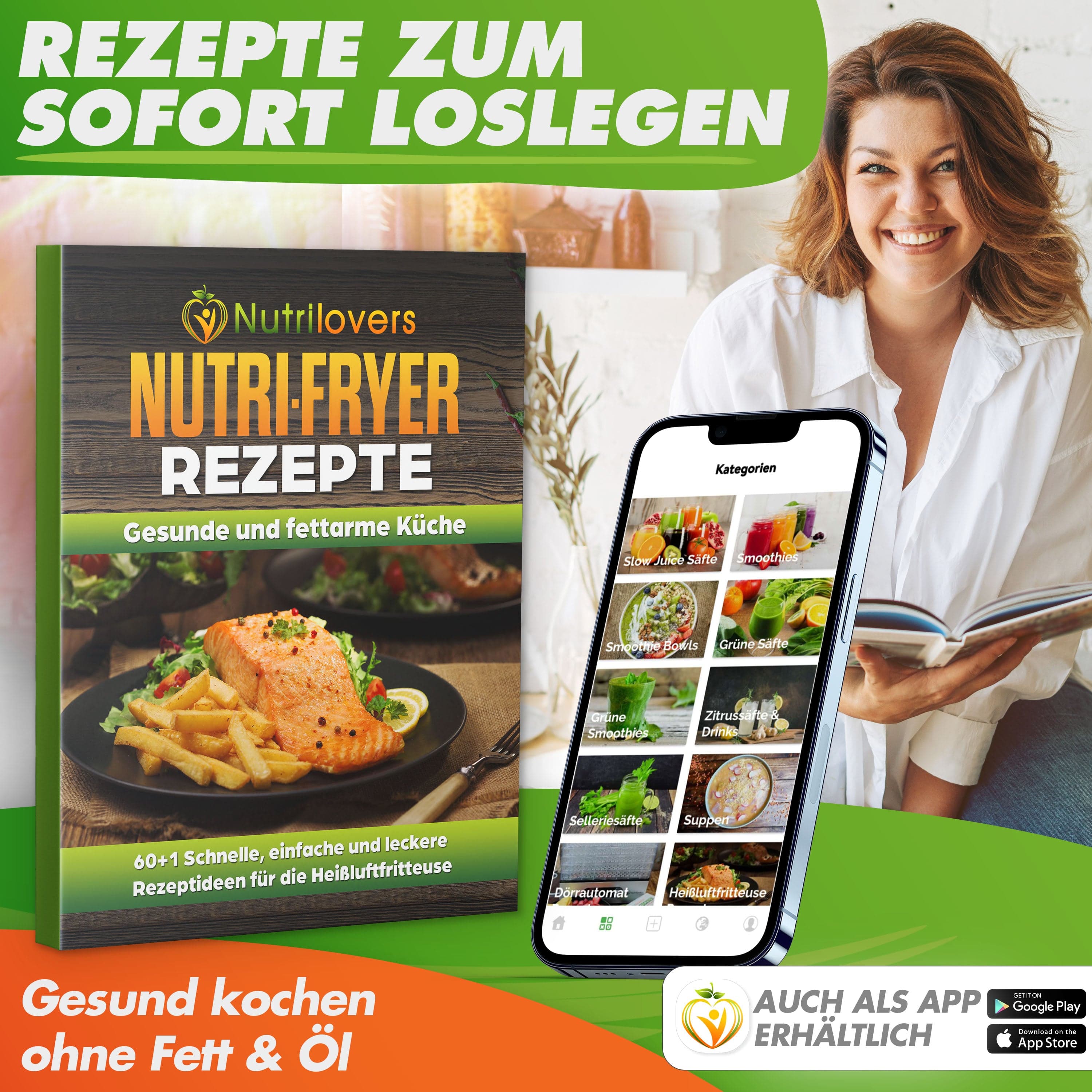 Nutrilovers Heißluftfritteuse NUTRI-FRYER Heißluftfritteuse XXL 2000W 5.0 L  | Cool Touch | Digital Touchscreen mit Timer inkl. Zubehör WissenWasDrinIst