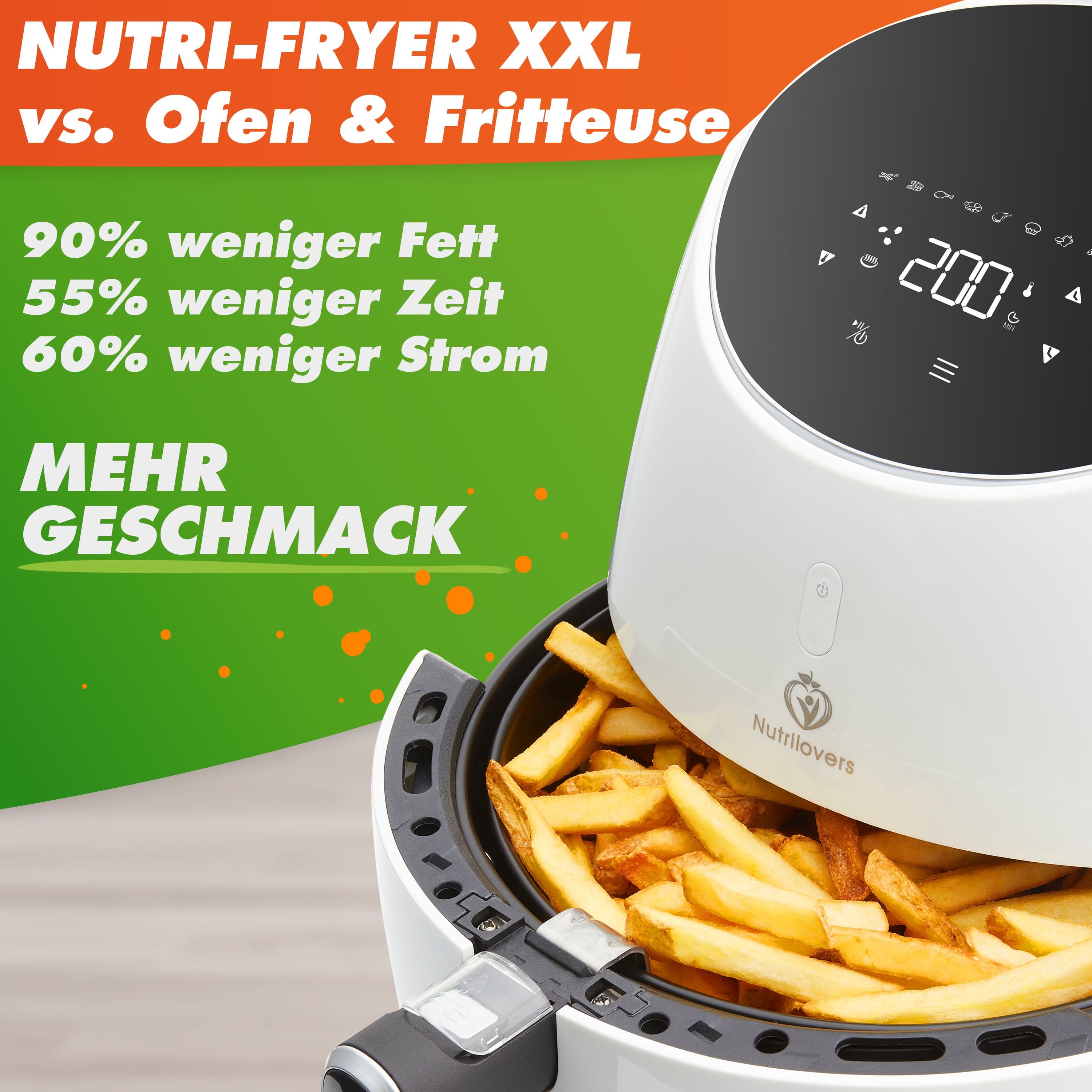 Nutrilovers Heißluftfritteuse NUTRI-FRYER Heißluftfritteuse XXL 2000W 5.0 L  | Cool Touch | Digital Touchscreen mit Timer inkl. Zubehör WissenWasDrinIst