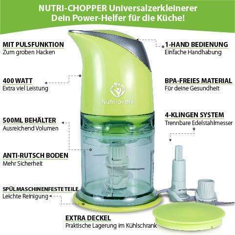 NUTRILOVERS | #WissenWasDrinIst NUTRI-CHOPPER (B) Multizerkleinerer elektrisch | Zerkleinerer für Nüsse, Zwiebel, Obst & Gemüse - BPA-frei kuechengeraete haushaltsgeraete WissenWasDrinIst