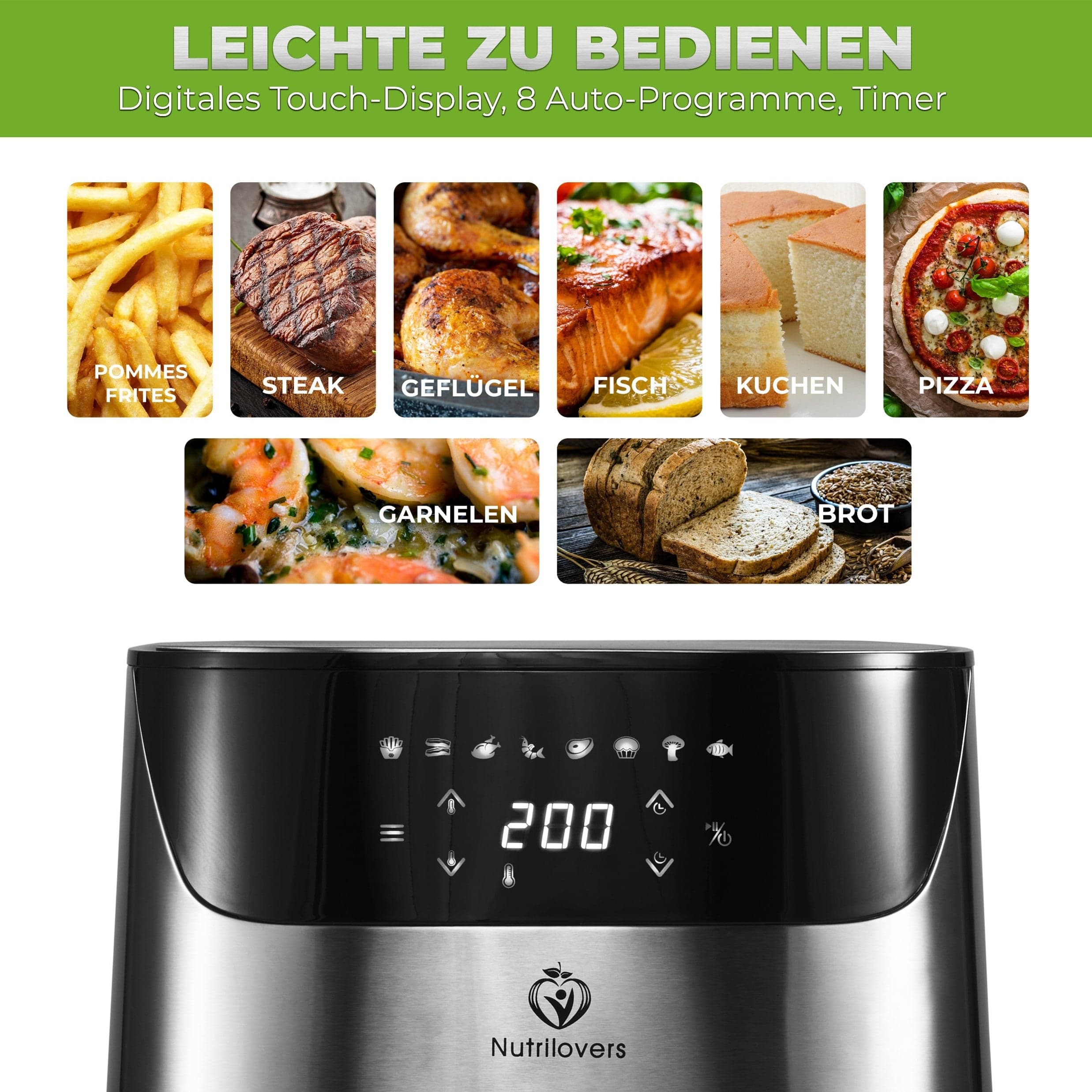 Nutrilovers NUTRI-FRYER (B) EDELSTAHL Heißluftfritteuse XXL 2000W 5.0L inkl. Zubehör WissenWasDrinIst