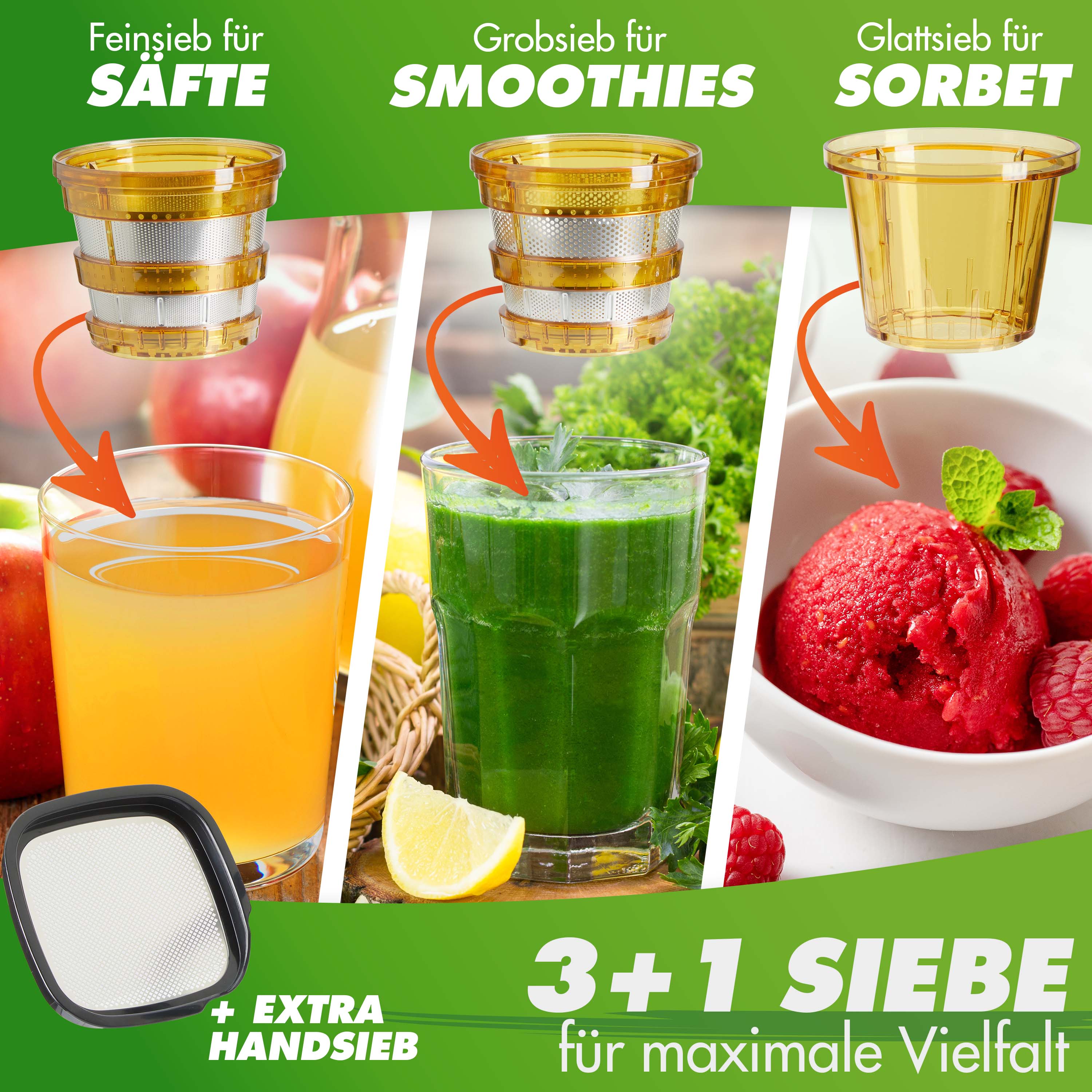 NUTRILOVERS | #WissenWasDrinIst Slow Juicer NUTRI-PRESS NO.1 - Premium Slow Juicer Vertikal mit 3 Sieben | BPA-frei kuechengeraete haushaltsgeraete WissenWasDrinIst