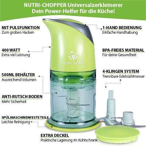 Nutrilovers Zerkleinerer NUTRI-CHOPPER Multizerkleinerer elektrisch | Zerkleinerer für Nüsse, Zwiebel, Obst & Gemüse - BPA-frei kuechengeraete haushaltsgeraete WissenWasDrinIst