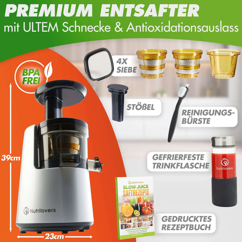 Premium Entsafter in Silber mit ULTEM Schnecke, BPA-frei, inklusive Zubehör und Rezeptbuch.