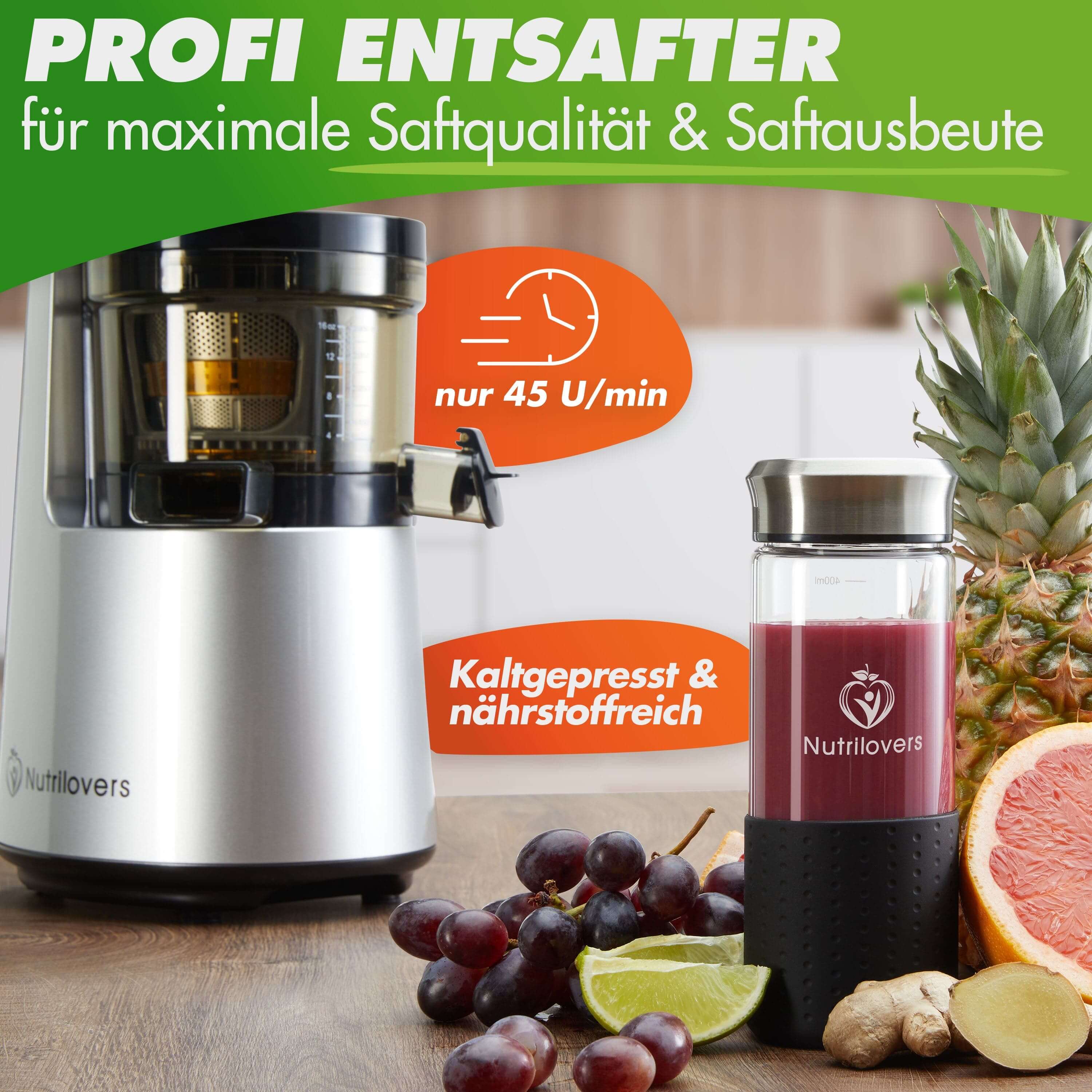 Profi Entsafter in Silber, kaltgepresst, 45 U/min, inkl. Saftbehälter für frische Säfte.