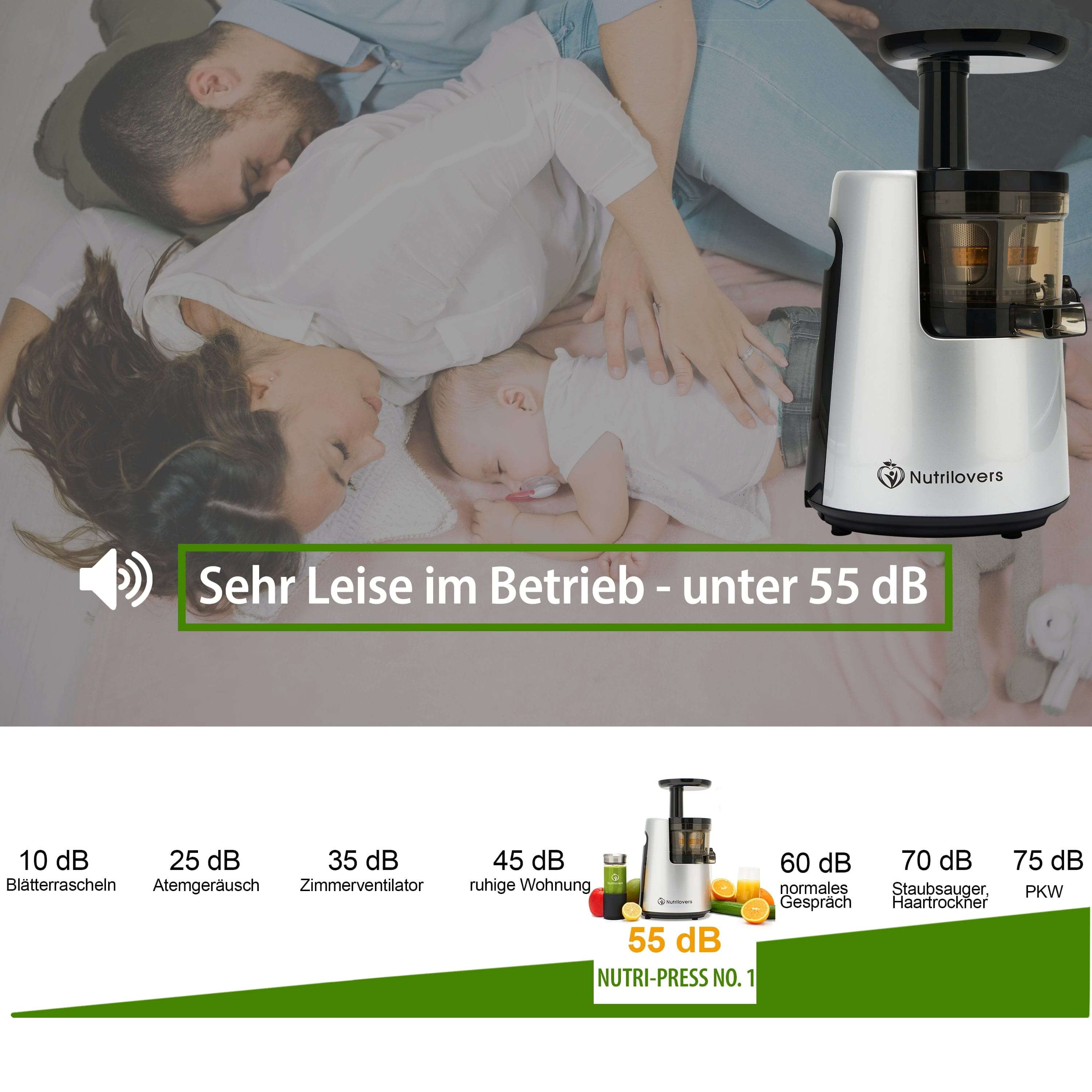 Nutrilovers Entsafter, leise unter 55 dB, Edelstahl, optimal für Früchte und Gemüse, kompakt und effizient.