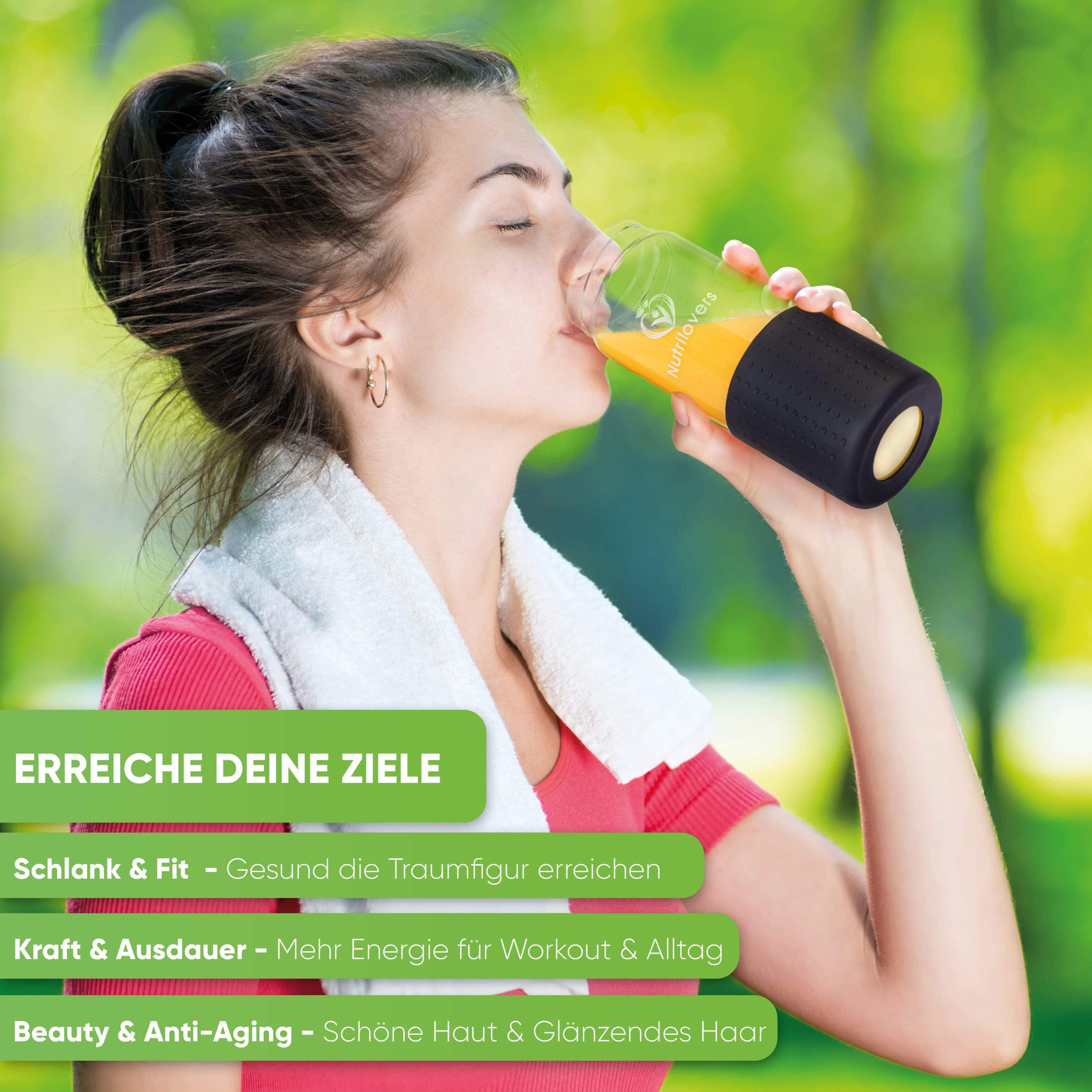 Transparenter Multifunktionsbecher mit schwarzem Silikonboden, ideal für Fitnessgetränke und gesunde Ernährung.