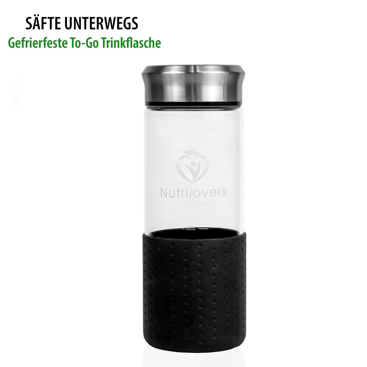 Gefrierfeste To-Go Trinkflasche aus Glas mit schwarzem Silikonboden und Nutrilovers-Logo.