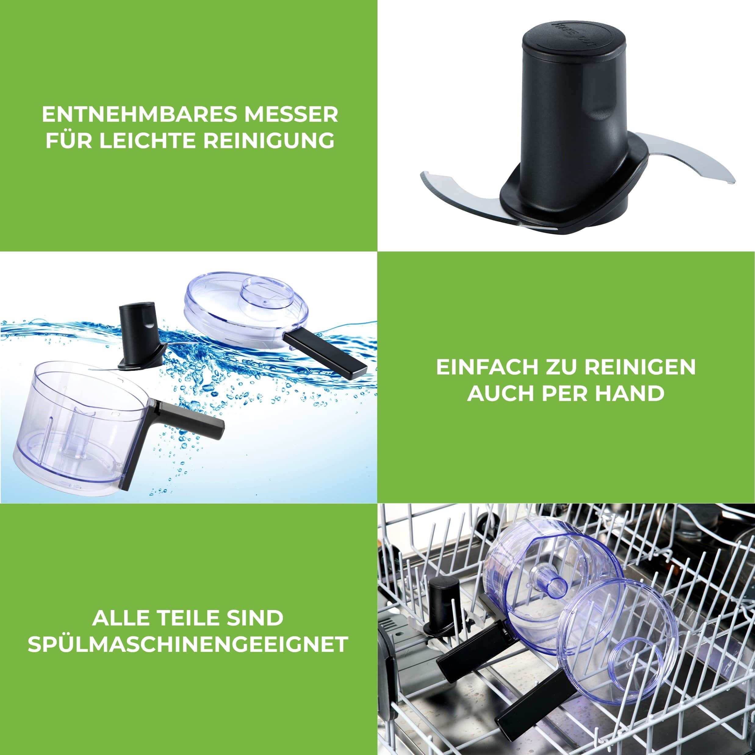 Entnehmbares Messerset in Schwarz, spülmaschinengeeignet, einfache Reinigung von Küchenzubehör.