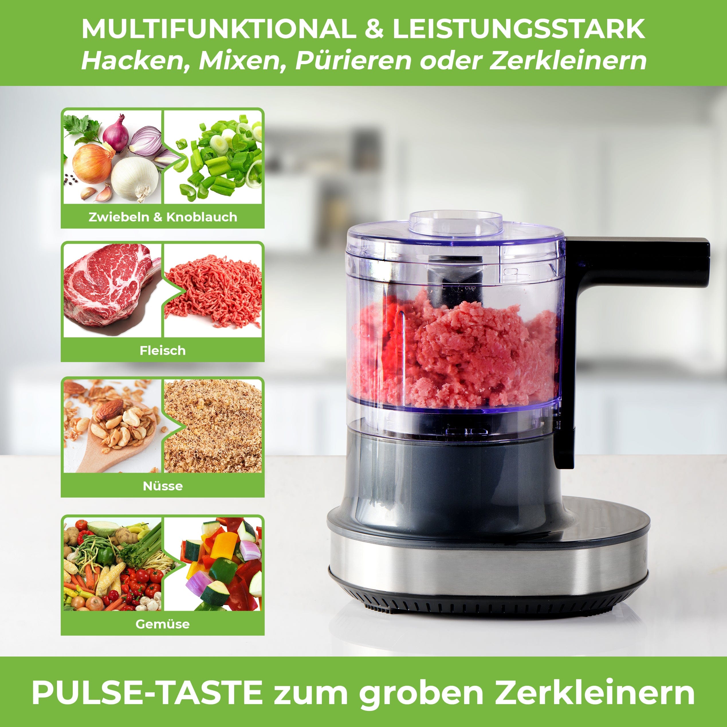Multifunktioneller Küchenzerkleinerer in Schwarz mit Pulse-Funktion zum Hacken, Mixen und Pürieren.