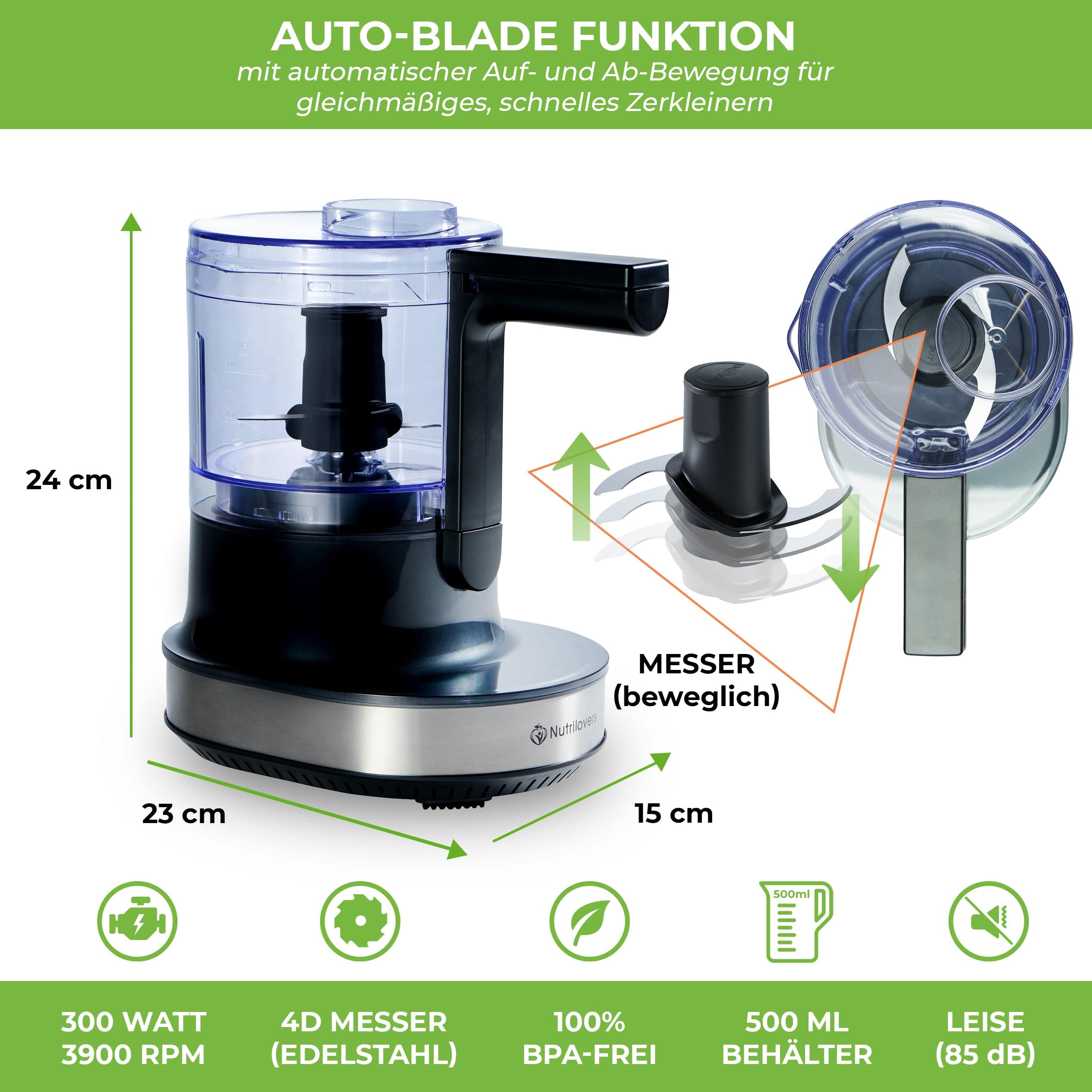 Küchenmaschine mit 500ml Behälter, 300W, Edelstahl 4D Messer, BPA-frei, Auto-Blade Funktion, leise.